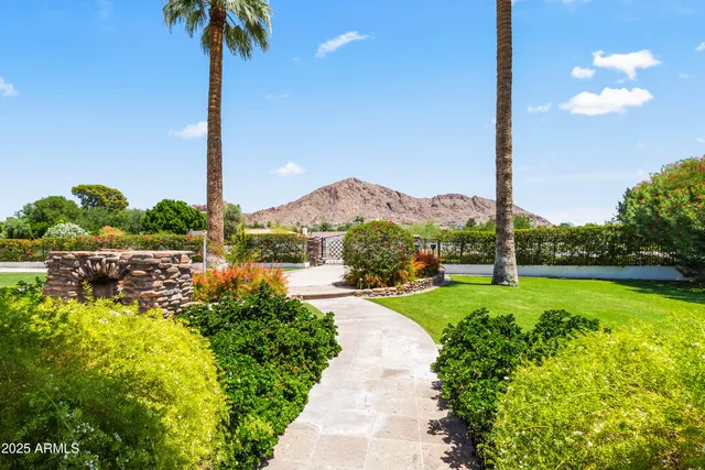 a view of a garden with a fountain