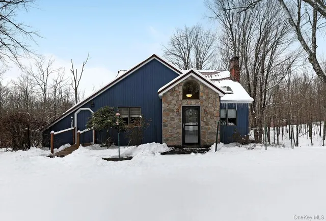 a view of a house with a yard covered in snow