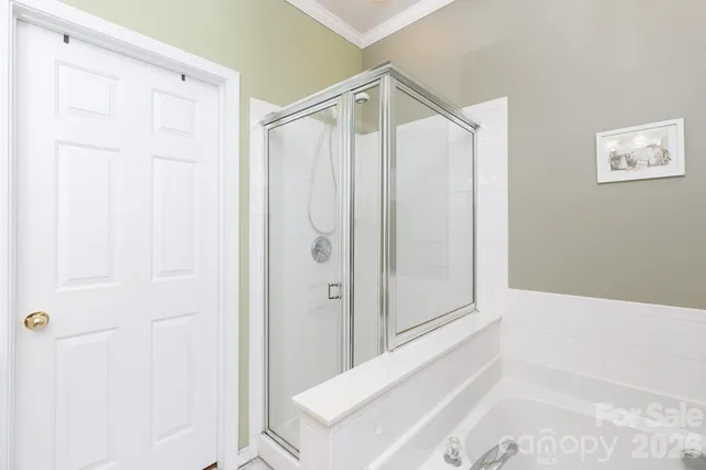a bathroom with a shower and a tub