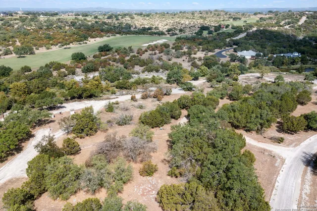 an aerial view of residential houses with outdoor space and trees