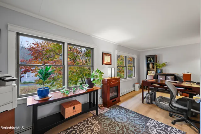 a room with patio furniture and a potted plant