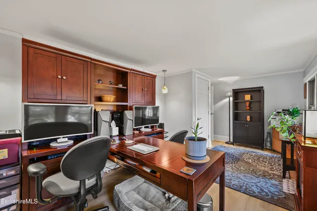 a work room with furniture and a potted plant