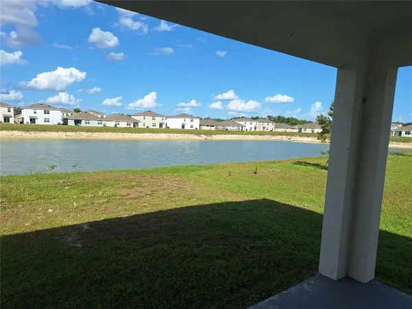 a view of an ocean and a building