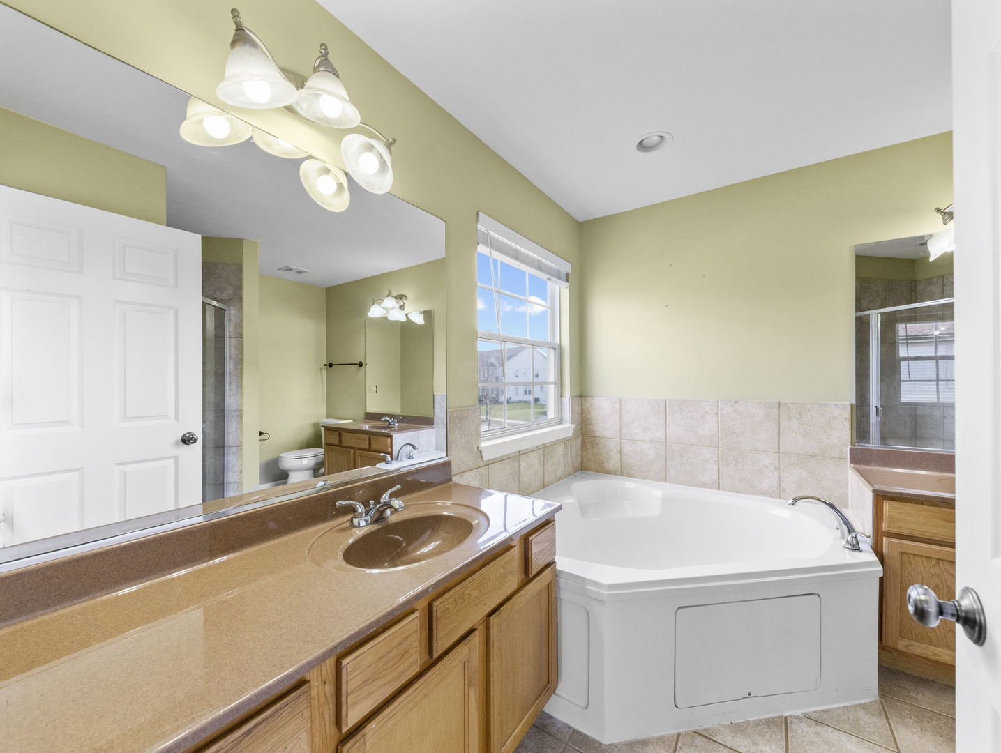 26528 Rustling Birch Way Plainfield, IL 60585 - Photo 19 of 39 a bathroom with a sink a bathtub a mirror and a shower