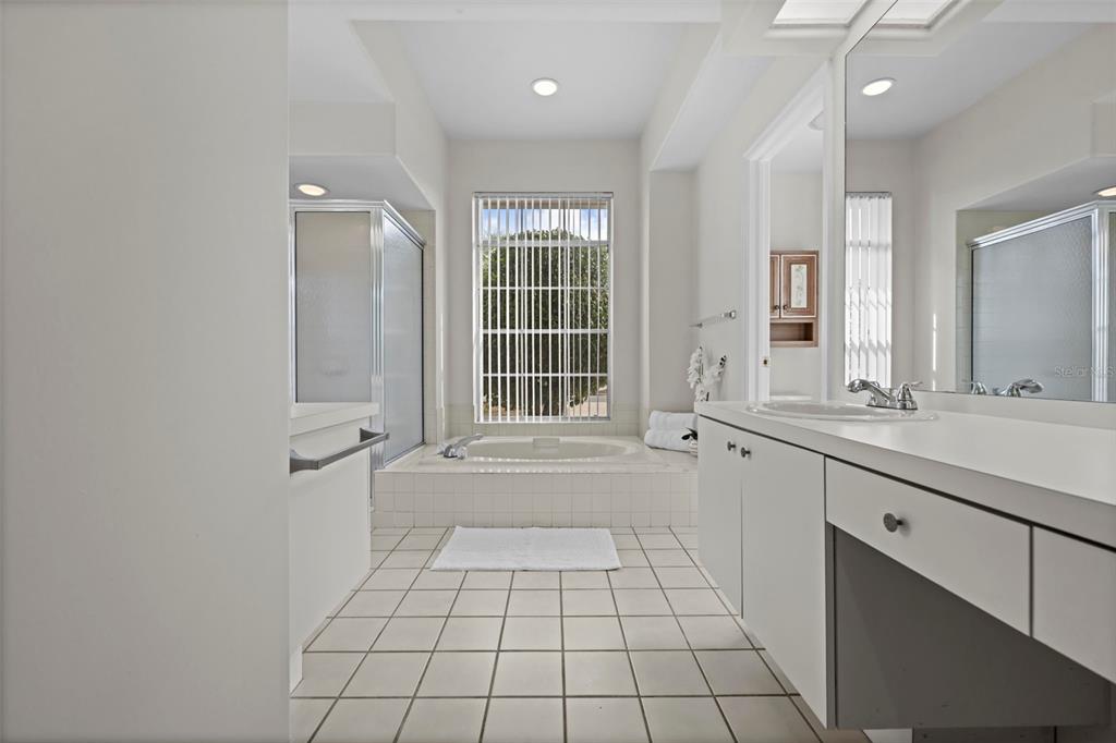9369 Ashley Drive Weeki Wachee, FL 34613 - Photo 32 of 80 a bathroom with a granite countertop sink a mirror and a bathtub