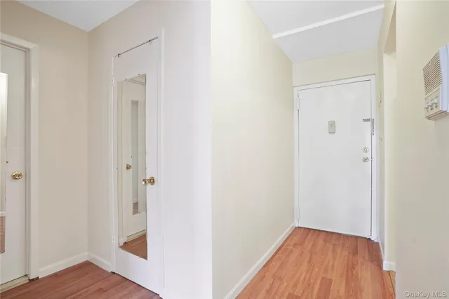 a view of a hallway with wooden floor
