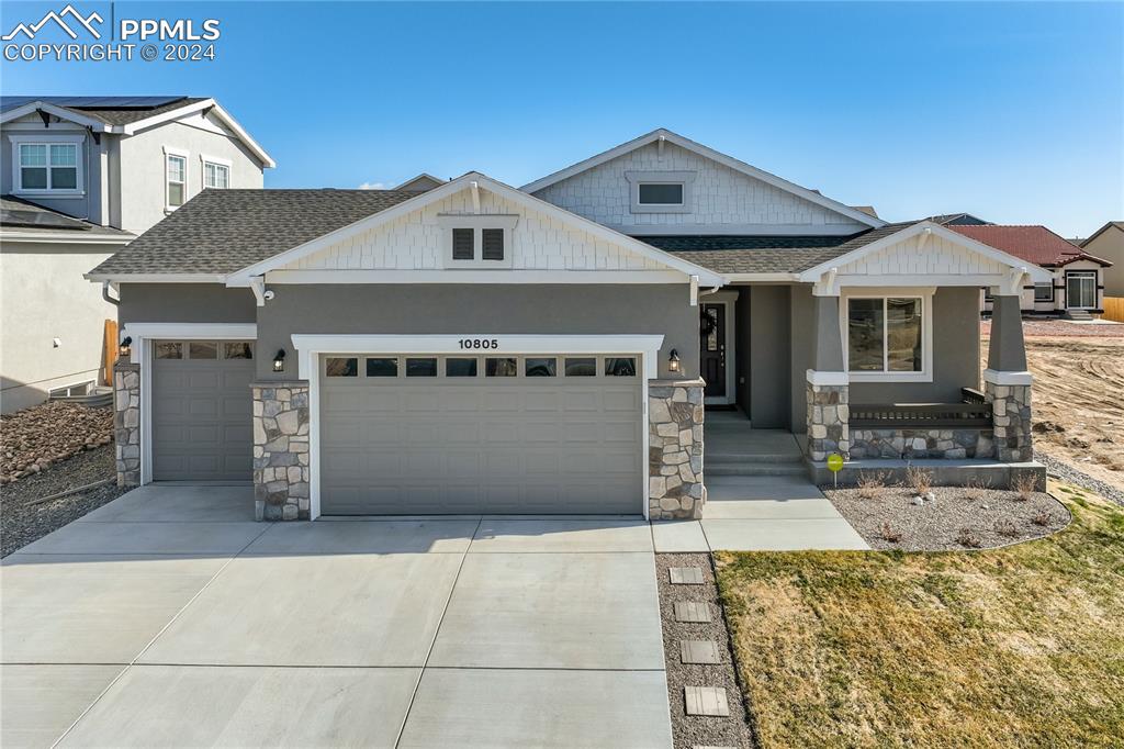 Energy Rated Highly Upgraded Stucco & Stone Ranch Style Home Built by Campbell Homes w/Transferrable Builder Warranty | Oversized 3 Car, Finished Garage | Built in 2022, Completed in 2023 | Fully Landscaped + Better than new | Coach Lights on Garage on Photocell for auto on/off