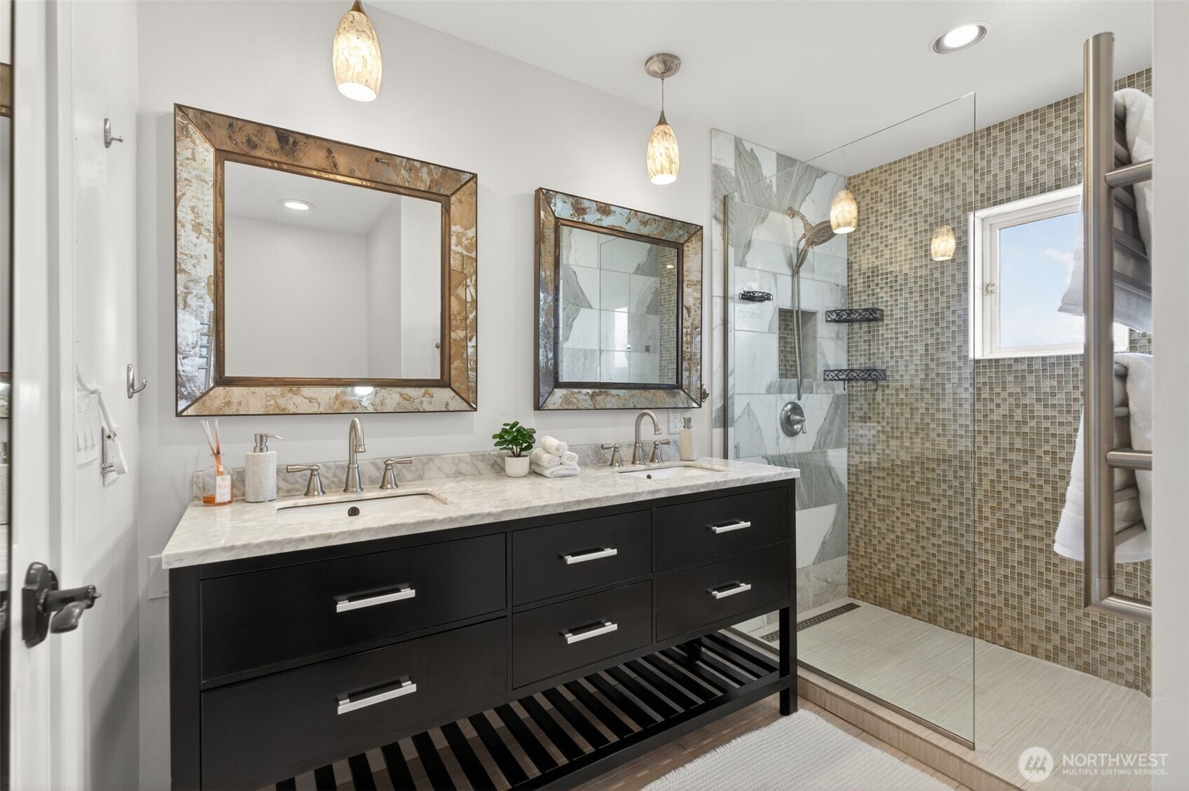 7700 California Avenue Southwest Seattle, WA 98136 - Photo 24 of 40 a bathroom with a double vanity sink mirror and shower