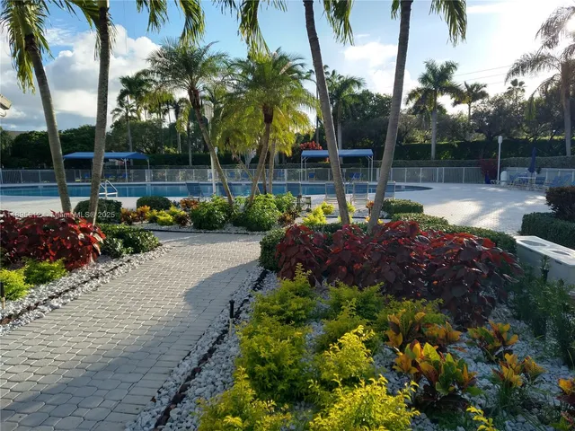 a view of a park with large trees