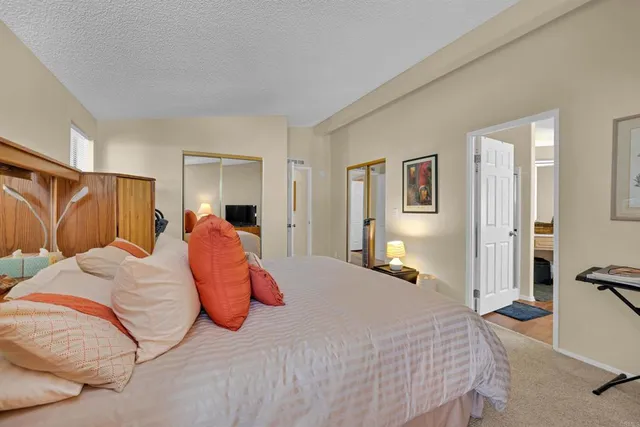 a bedroom with a large bed and a couch