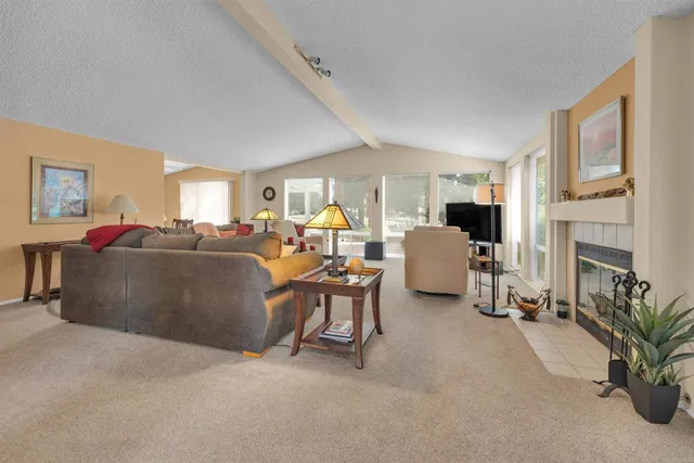 a living room with furniture a fireplace and a large window