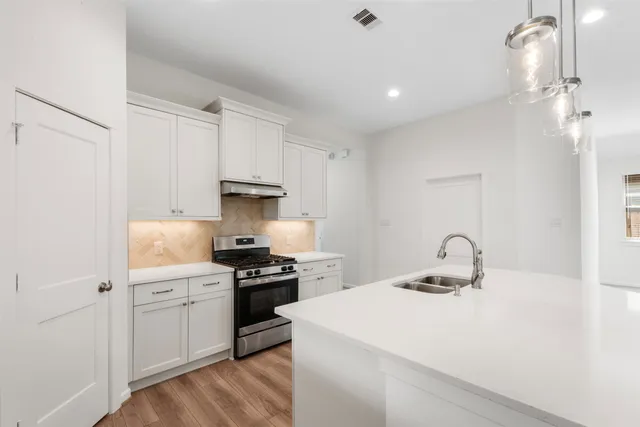 a kitchen with a sink a stove and cabinets