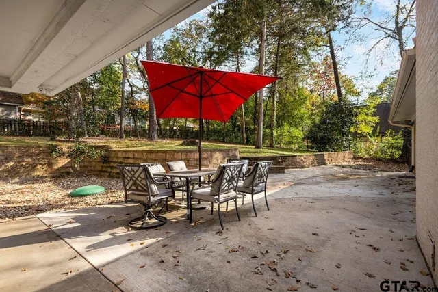 an outdoor space with furniture