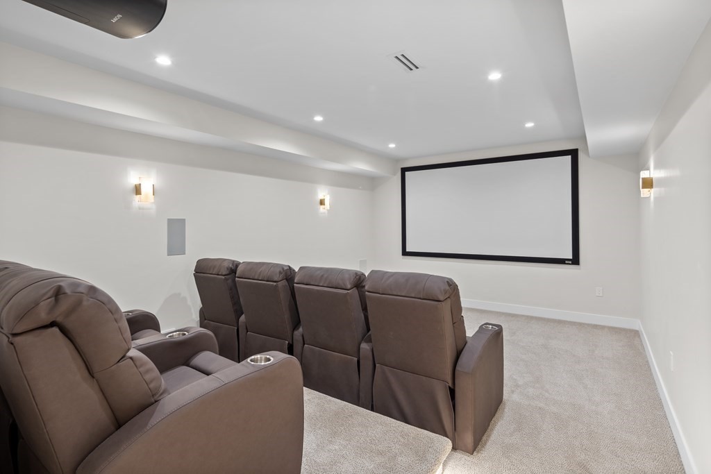 17 Bridle Pth Path Weston, MA 02493 - Photo 32 of 42 a media room with lots of chairs and a projector screen