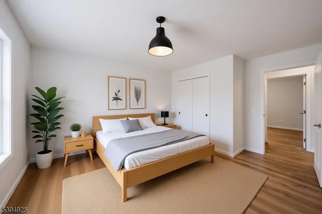 a spacious bedroom with a bed and a chandelier