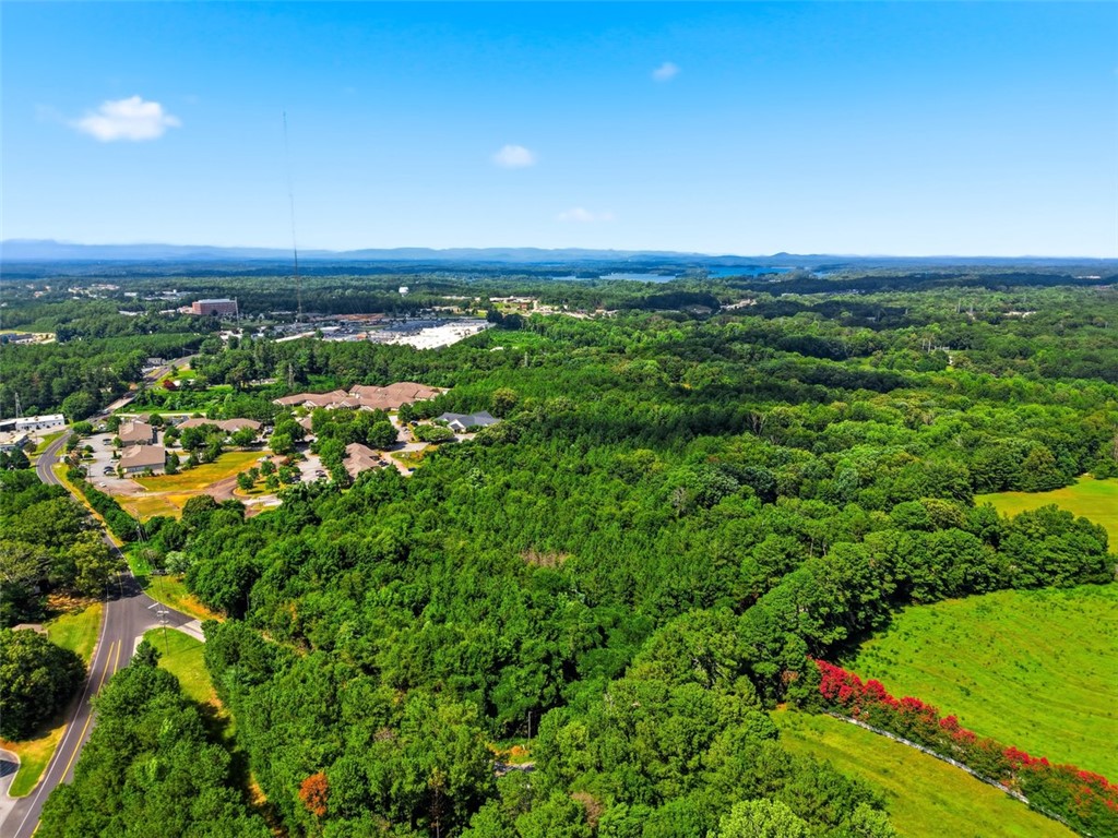 12051 North Radio Station Road Seneca, SC 29678 - Photo 6 of 15 A sweeping aerial view showcases verdant woodlands, distant urban structures, and a serene lake under a clear sky.