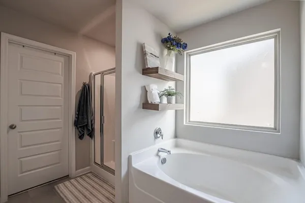 a bathroom with a bathtub a shower and a window