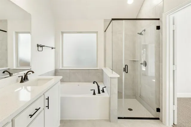 a bathroom with a bathtub shower sink and mirror