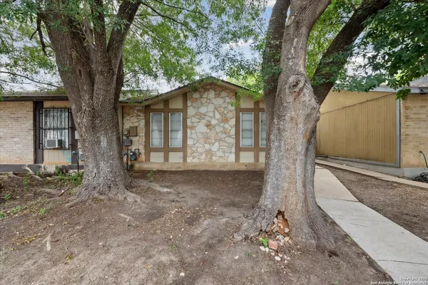 a view of a house with large trees and a tree