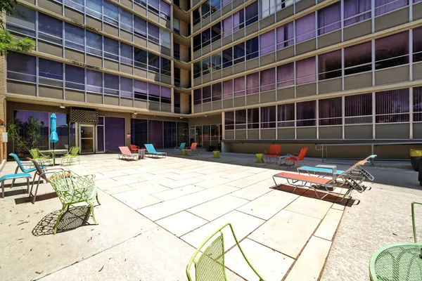 a view of a building with a patio