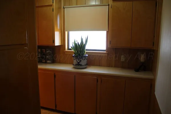 a kitchen with a sink a window and potted plants