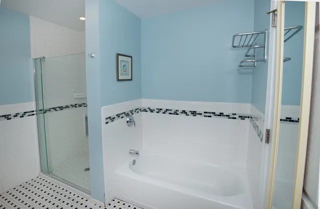 a bathroom with a bathtub and a shower