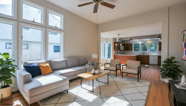a living room with furniture and a potted plant