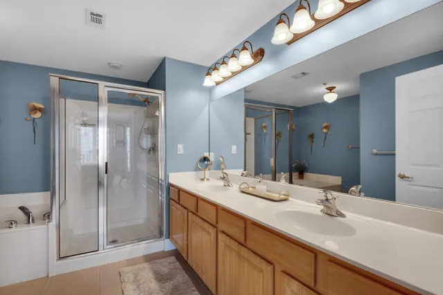 a bathroom with a double vanity sink mirror and shower