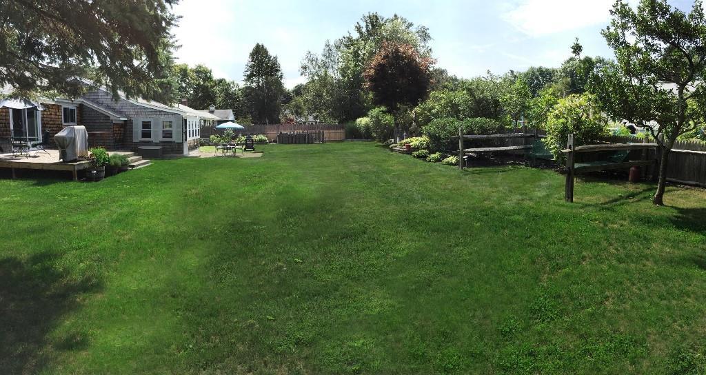 Large fenced yard with perennial...