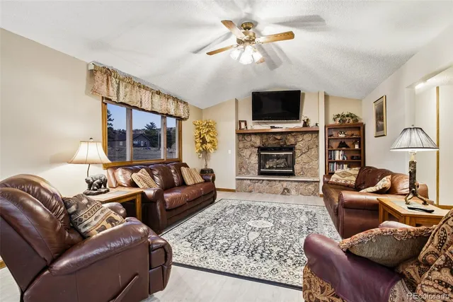 a living room with furniture a flat screen tv and a fireplace