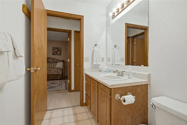 a bathroom with a sink a toilet and a mirror