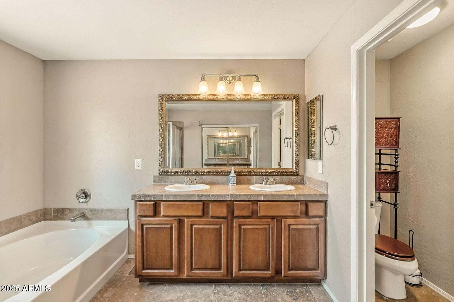 7169 South Dodane Court Gilbert, AZ 85298 - Photo 19 of 23 a bathroom with a granite countertop sink a toilet and a bathtub