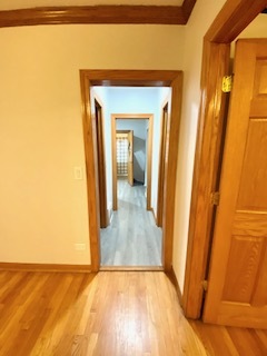 5225 West Deming Place, Unit 2 Chicago, IL 60639 - Photo 8 of 29 a view of a hallway with wooden floor and a bathroom