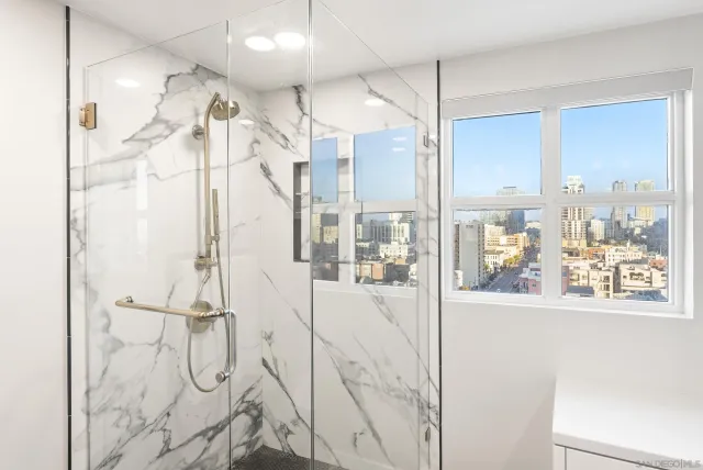 a view of a bathroom with a shower