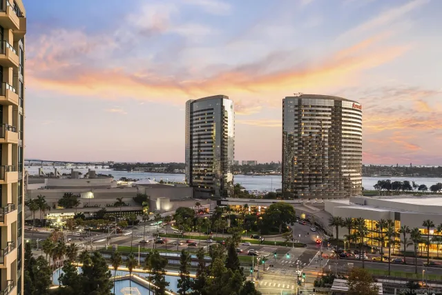 a view of a city with tall buildings