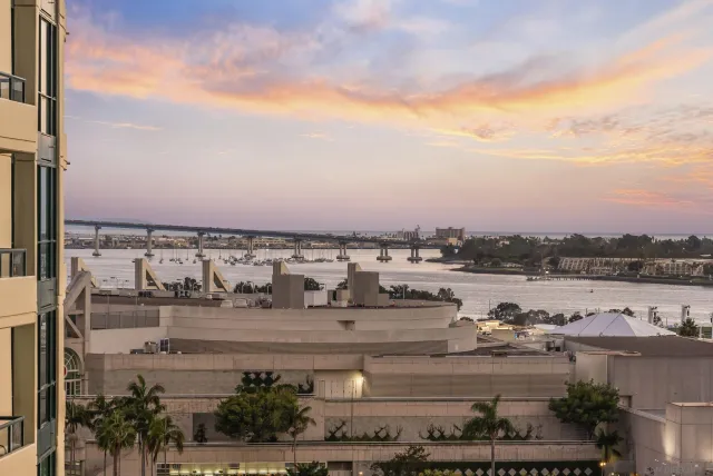 a view of a lake with a city