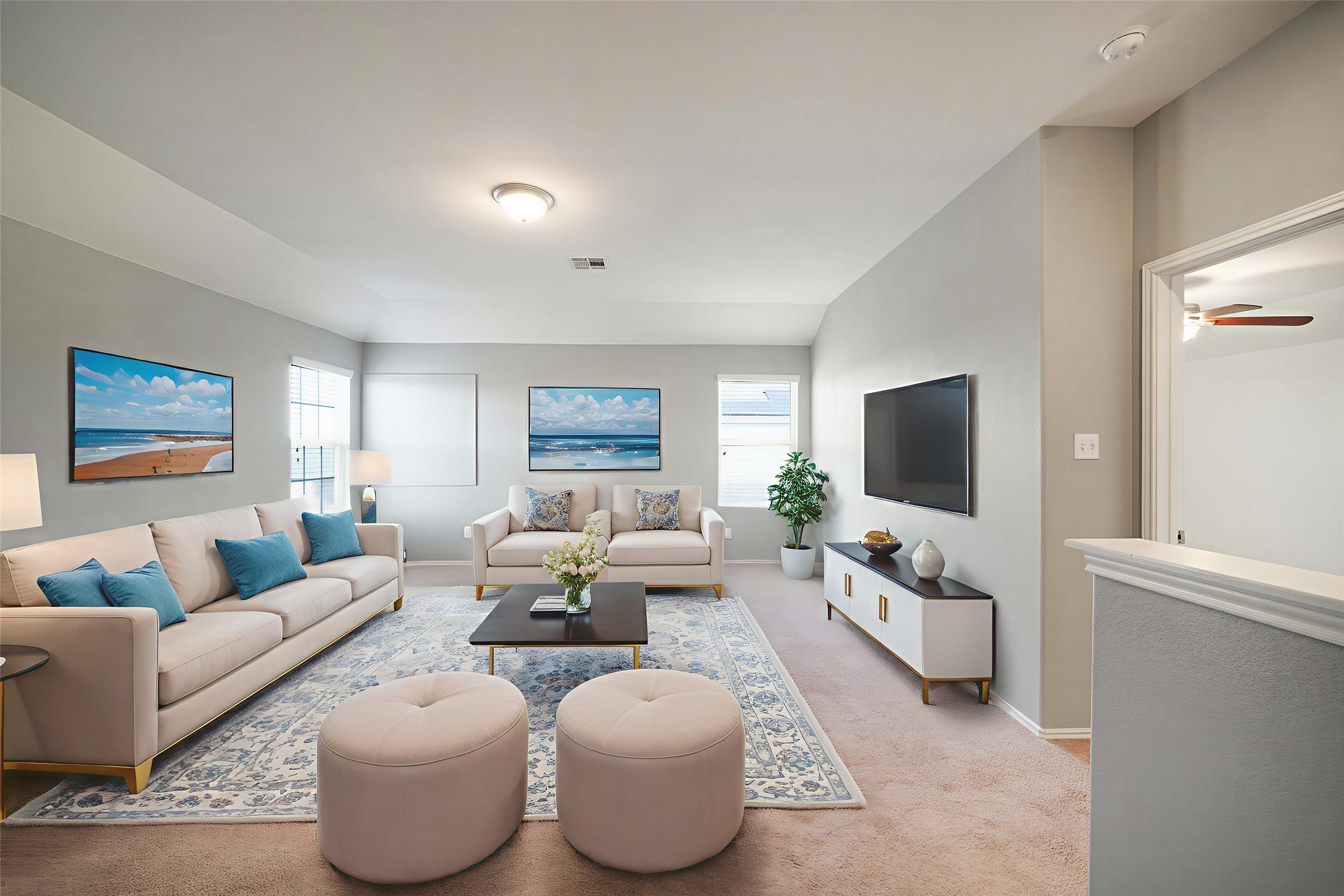 820 Kates Way Hutto, TX 78634 - Photo 21 of 33 *Virtually staged* Carpeted living area featuring ceiling fan and vaulted ceiling