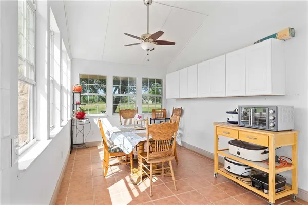 a view of a dining room with furniture window and outside view