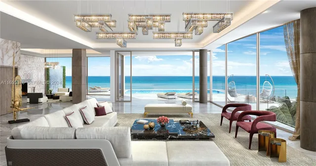 a living room with furniture and large windows