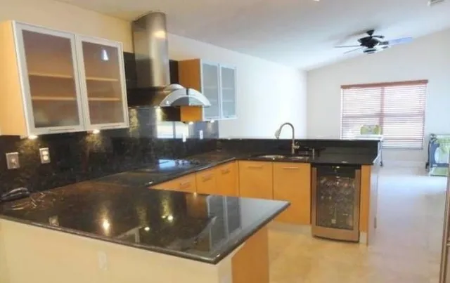 a kitchen with a sink a counter top space and cabinets