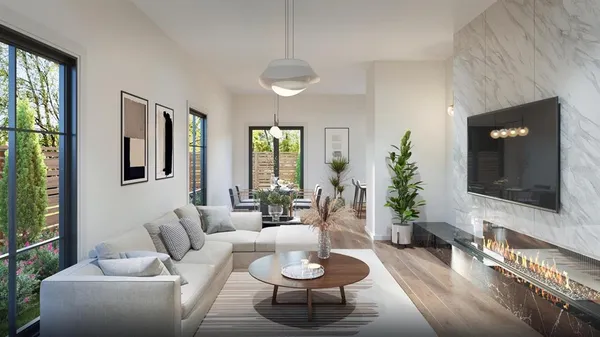 a living room with furniture a flat screen tv and a large window