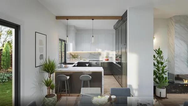 a room with a couch and a potted plant