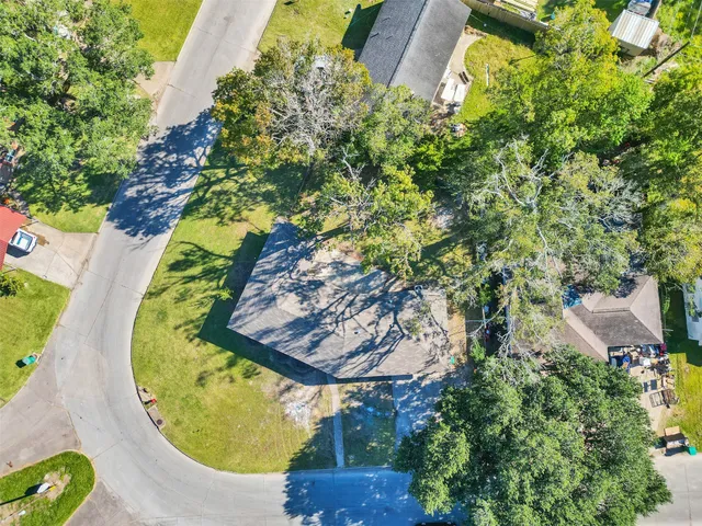 an aerial view of a swimming pool