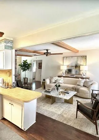 a living room with fireplace furniture and a potted plant