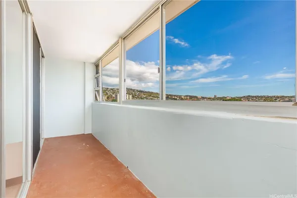 a view of a room with a window