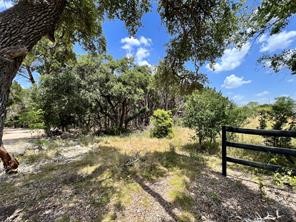 a view of a yard with wooden fence