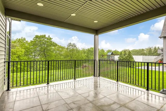 a view of a garden from a porch