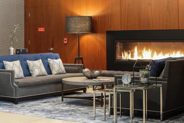 a large white building with glass door