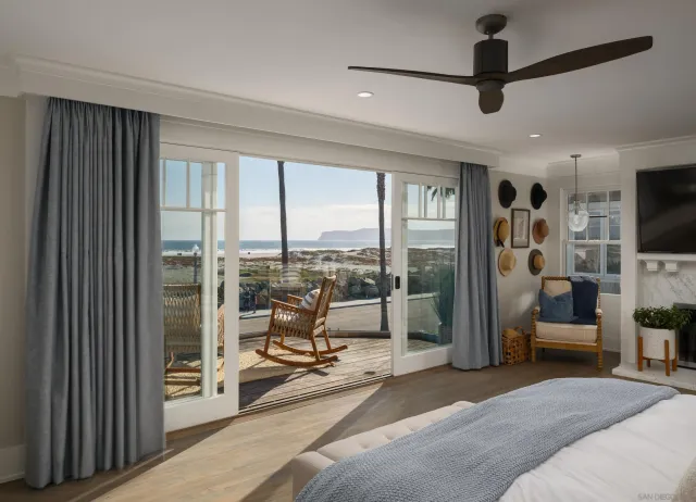 a bedroom with furniture a ceiling fan and a flat screen tv