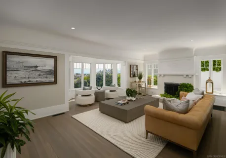 a living room with furniture potted plant and a fireplace